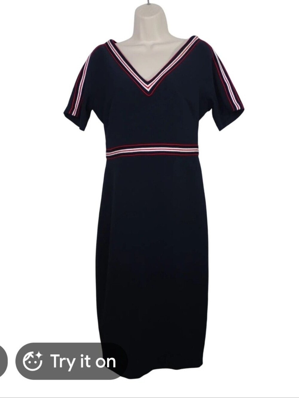 Maggy London Navy Midi Dress with Red and White Stripe Trim - Size 16